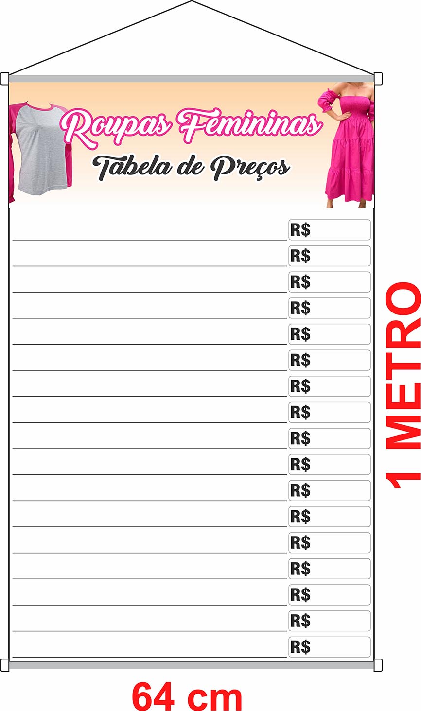 Banner Roupas Femininas tabela de preços escreve e apaga especial com laminação