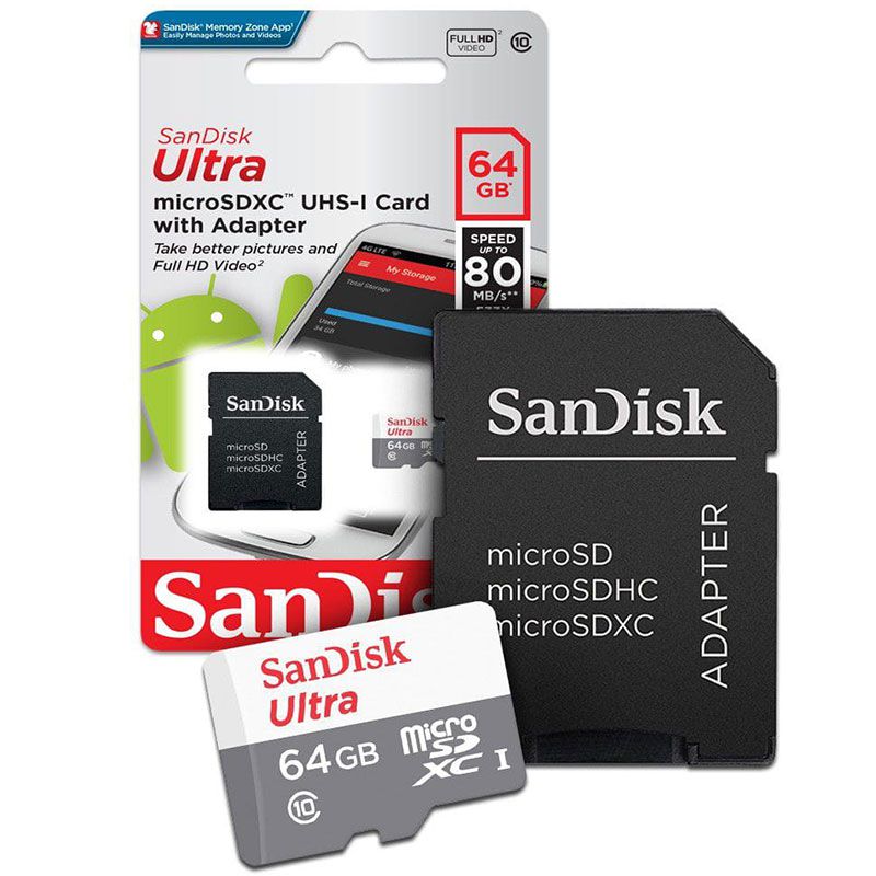 Cartão de Memória Sandisk Micro SD 64GB Ultra Classe 10 Com adaptador SDSQUNS-064G-GN3MA
