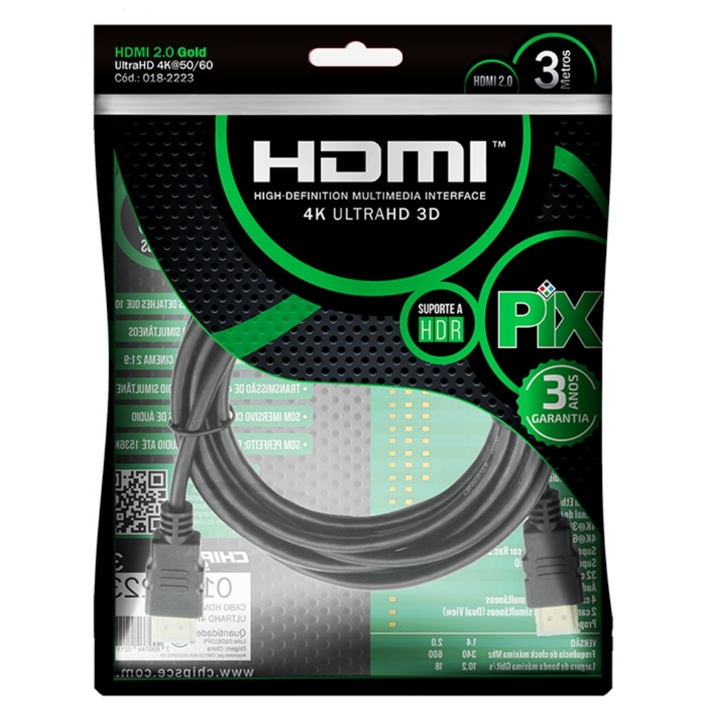 Cabo HDMI GOLD 3D 2.0 HDR 4K 19 PINOS 3 M PIX
