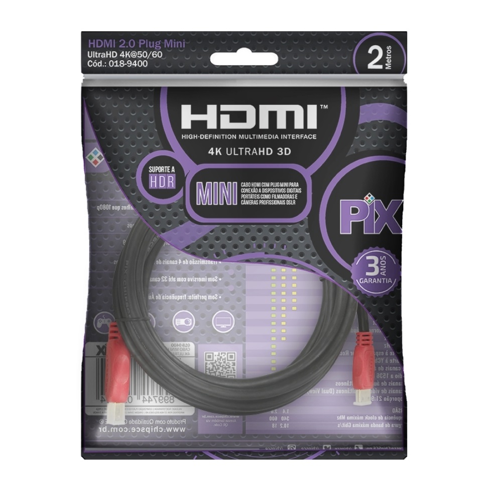 Cabo Mini HDMI x HDMI 4k 2.0 ULTRAHD 3D HDR 19 PINOS 2 M PIX