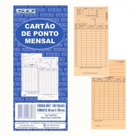Cartão de Ponto Mensal com 100 Folhas de 86mm X 180mm - São Domingos