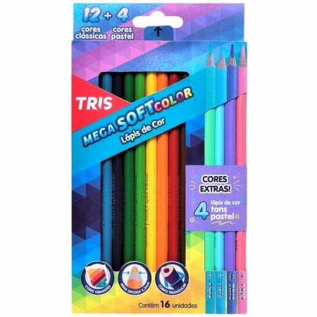 Lápis de Cor Mega Soft Color 12 Cores + 4 Cores Pastel - Tris