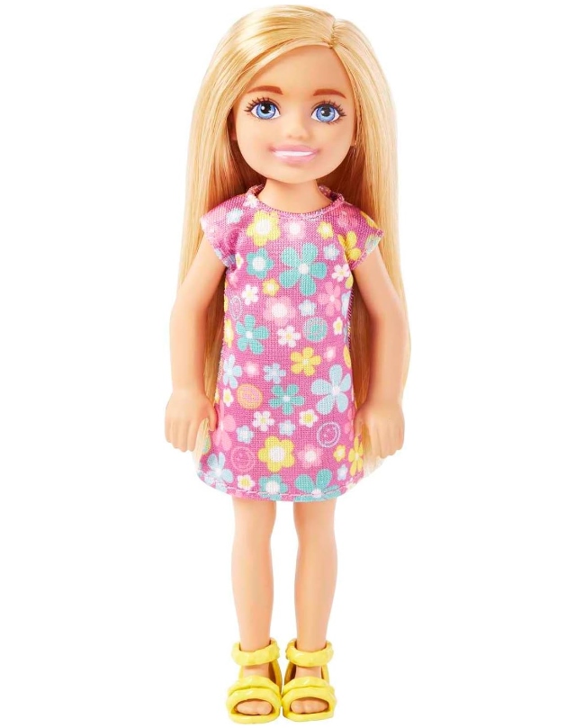 Boneca Barbie Chelsea 14 cm Cabelo Loiro Vestido Florido Roxo Sandálias Amarelas HKD89 Mattel