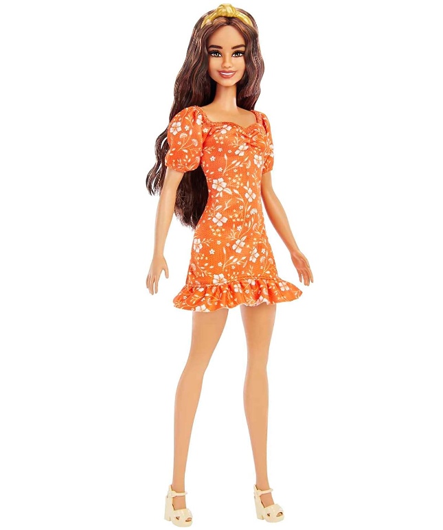 Boneca Barbie Fashionistas 182 Cabelos Castanhos Vestido Laranja Floral - Mattel