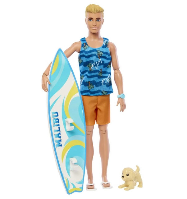 Boneco Ken Barbie Filme Articulado Prancha Surf Cachorrinho e Acessórios HPT50 Mattel