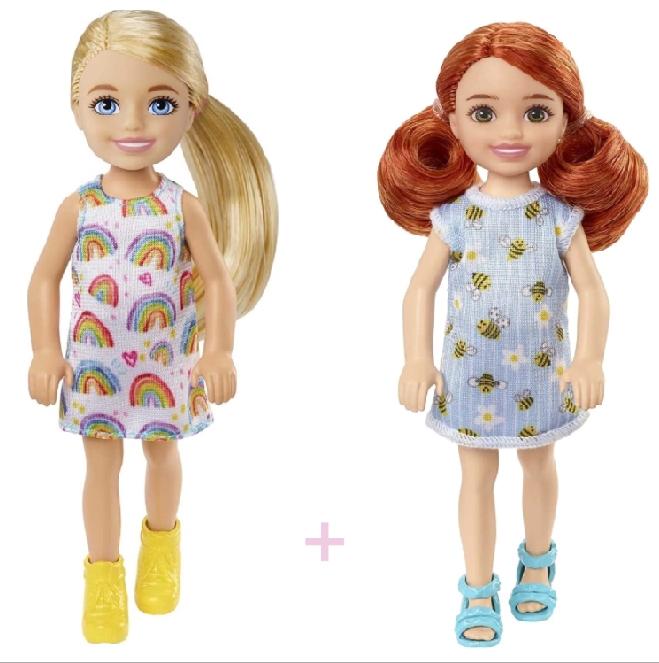 Conjunto de Bonecas Barbie Chelsea 14 cm Loira Vestido Arco-Íris e Ruiva Vestido Abelhinhas - Mattel