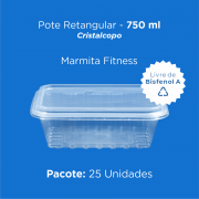 Pote Retangular (Marmita Fitness)  - 750 ml - 25 Unidades - Cristalcopo