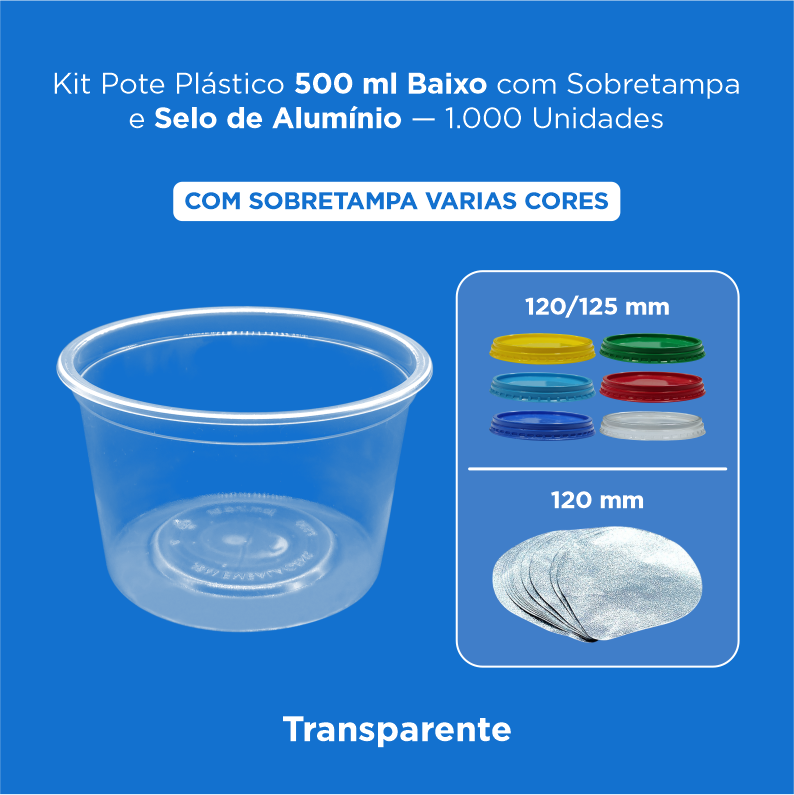 Kit Pote Plástico 500 ml Baixo com Sobretampa e Selo de Alumínio - 1.000 Unidades