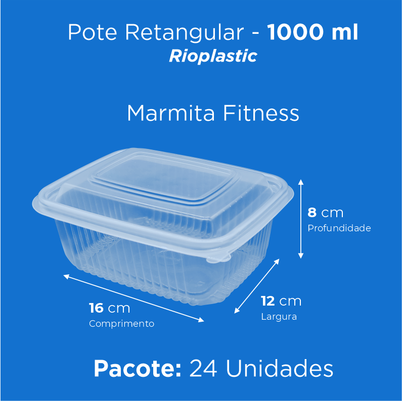 Pote Retangular (Marmita Fitness)  - 1000 ml - 24 Unidades - Rioplastic