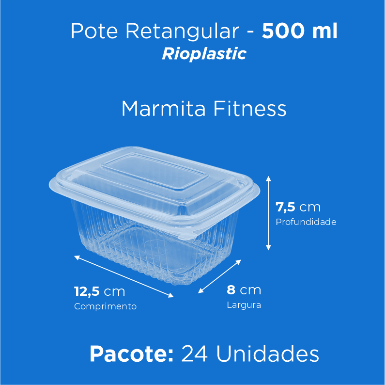 Pote Retangular (Marmita Fitness)  - 500 ml - 24 Unidades - Rioplastic