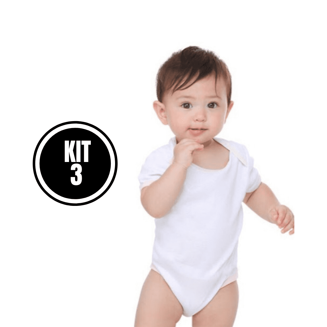 KIT 3 Body Manga Curta Infantil de Bebê - Poliéster