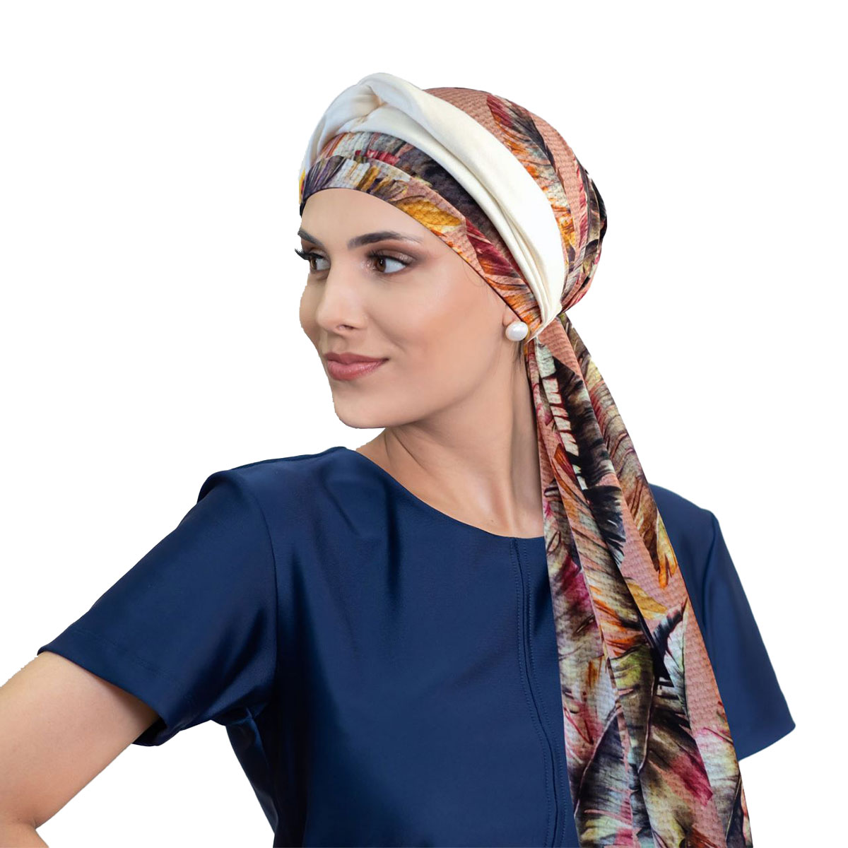 Conjunto Turbante Folhas de Outono com Proteção UV e Tiara de Argolas para mulheres em quimioterapia
