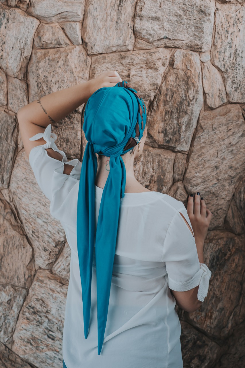 Turbante Azul Turquesa + Tiara de Elos Azul Turquesa e Marrom