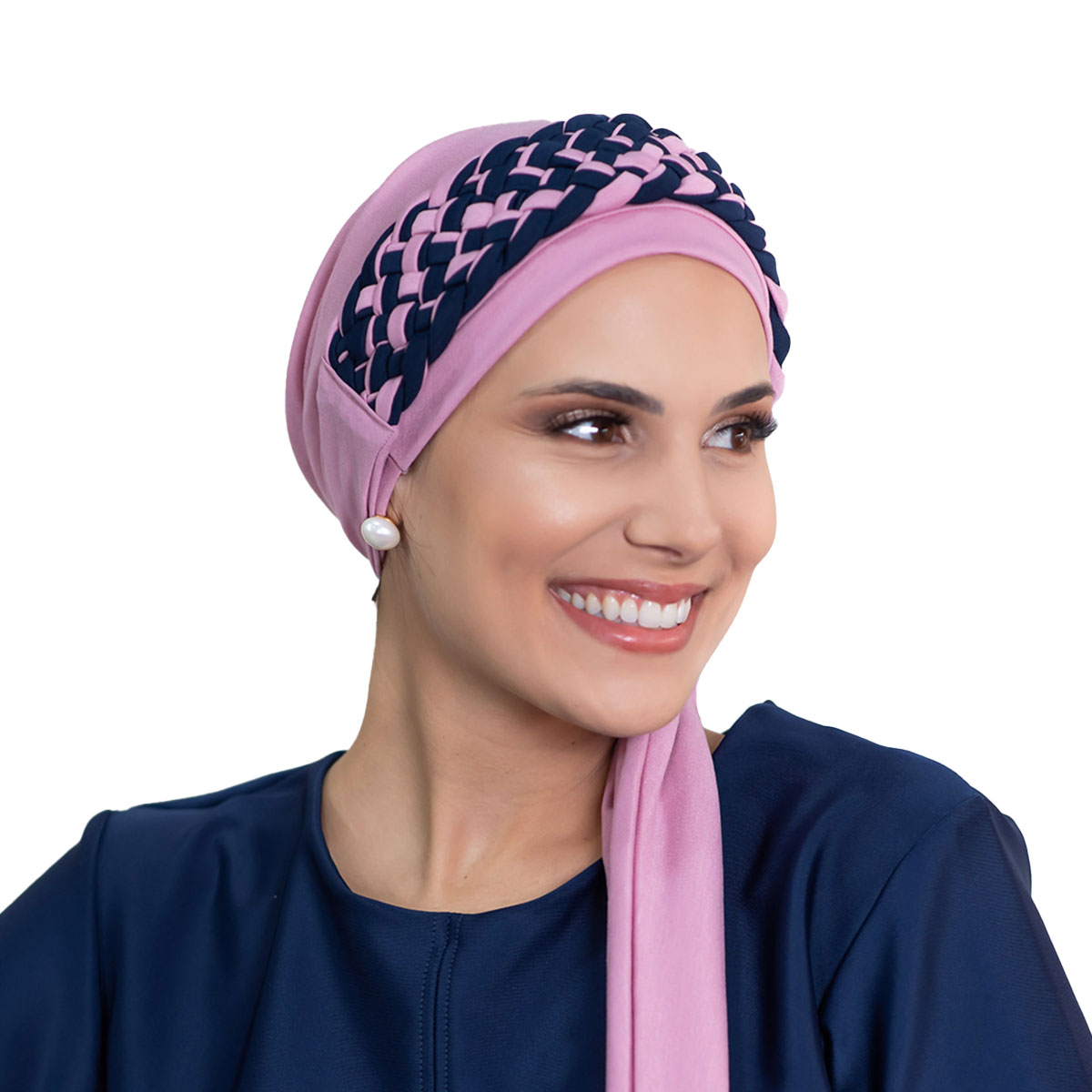 Turbante Rosa Velho e Tiara de Trança Larga Rosa velho com Azul Marinho (Duo) para quimioterapia