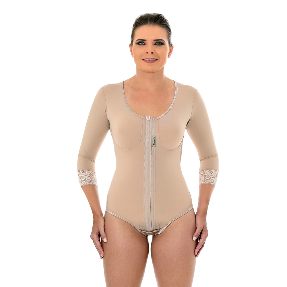 Body modelador cirúrgico Mabella Emana 2015 com busto, abertura frontal, manga para braquioplastia lipo abdomen mama  - Cinta se Nova