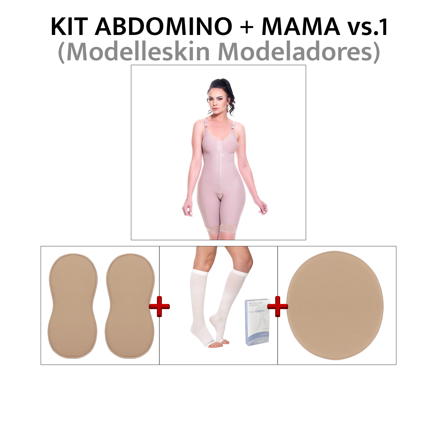Kit Abdominoplastia + Mama ModelleSkin 1 Pós Cirúrgico Operatório (Cinta + Meia Anti trombo+ Placa Abdômen e Flanco) - Cinta se Nova