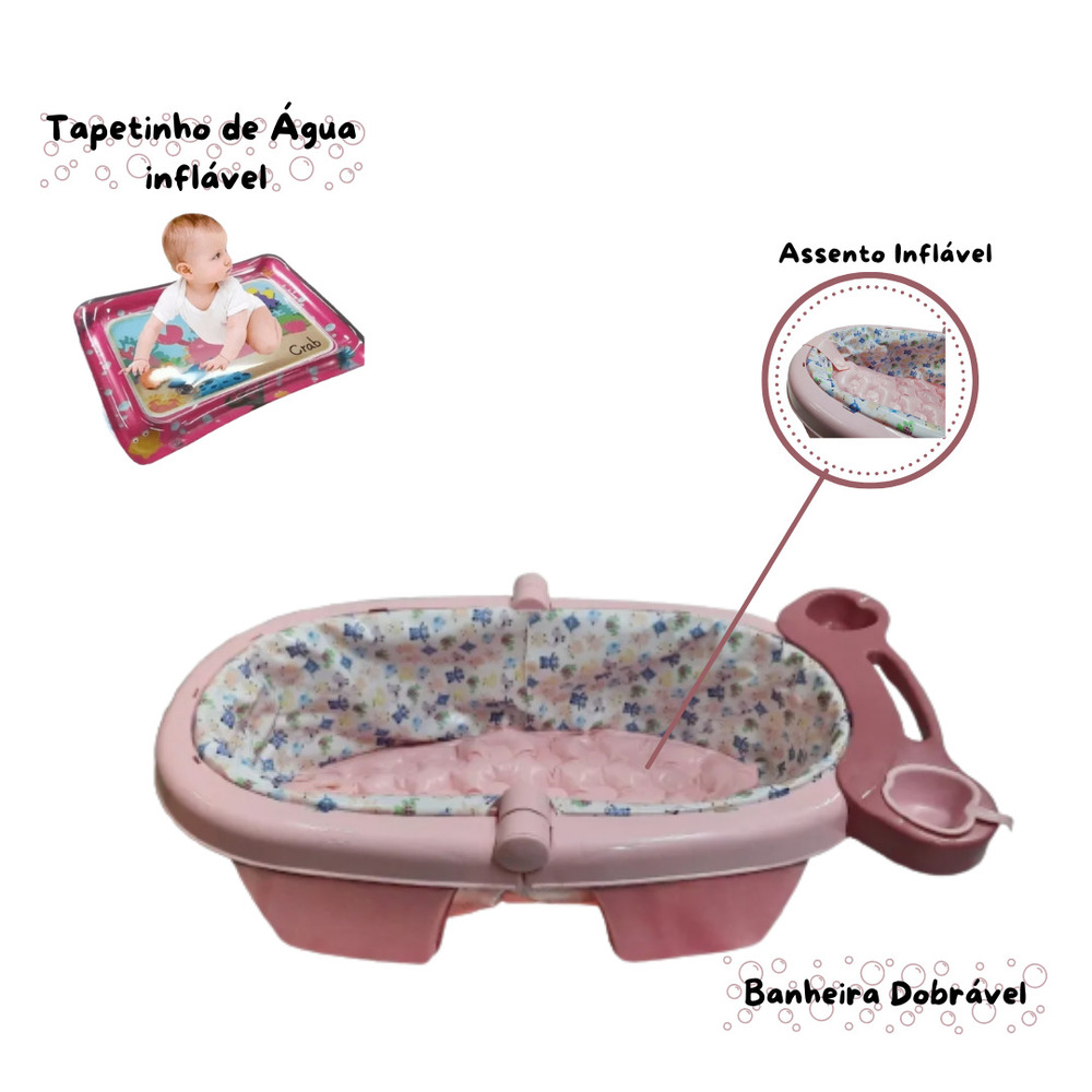 Banheira Para Bebê Dobrável Inflável Portátil + Tapete Infantil de água Color Baby Rosa