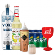 Vodka VOXX 900ml, Espuma Easy Drink Gengibre Moscow Mule, Monin Limao Siciliano, 6Un Refrigerante Sprite e Taça Muf's