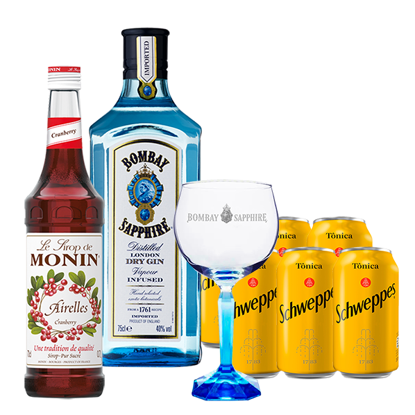 Kit Gin Bombay Sapphire com Taça + Monin e Tônicas