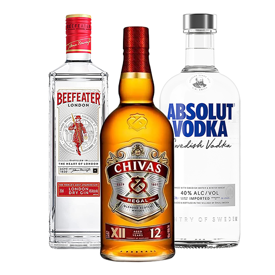 Kit Gin Beefeater 750ml, Whisky Chivas Regal 12 anos 750ml, Vodka Absolut 750ml