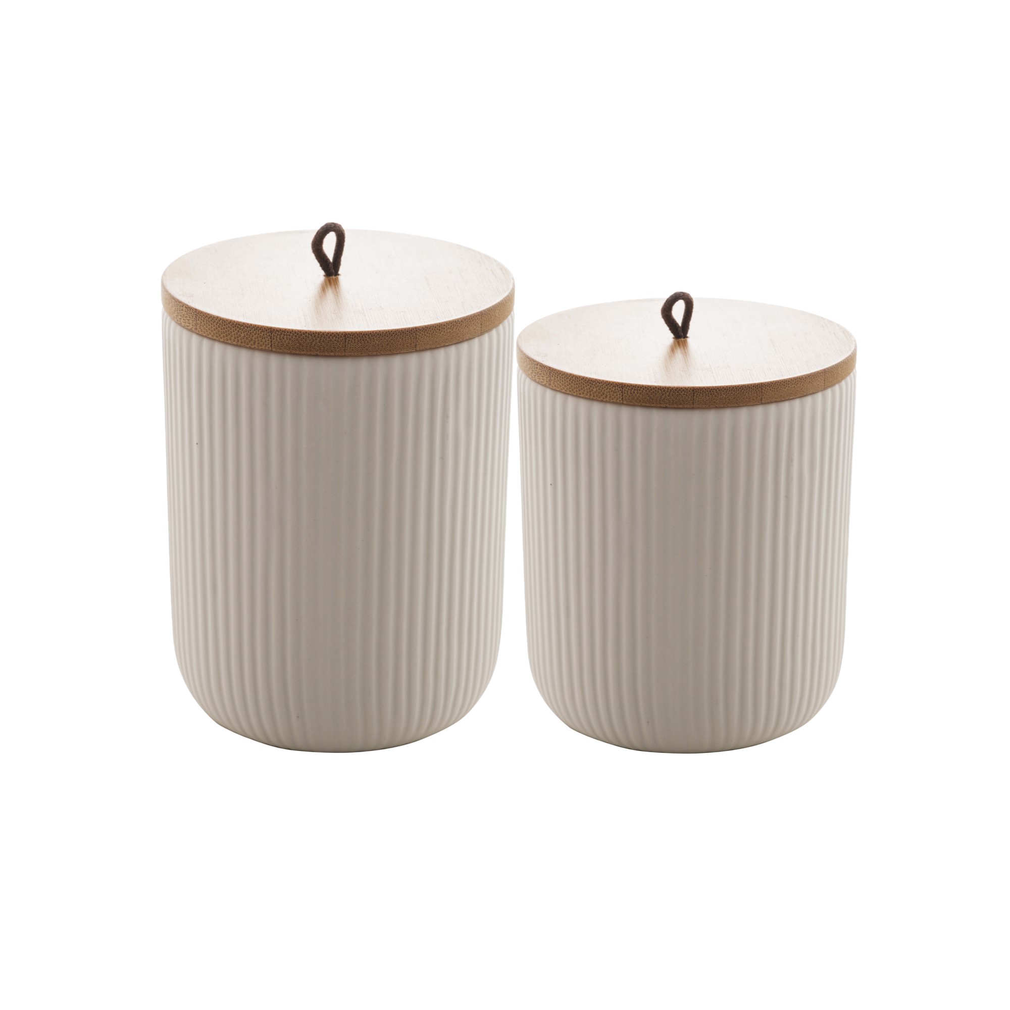 Conj. 02 Potes Herméticos Lines em Cerâmica Branco c/ tampa de Bambu - BonGourmet