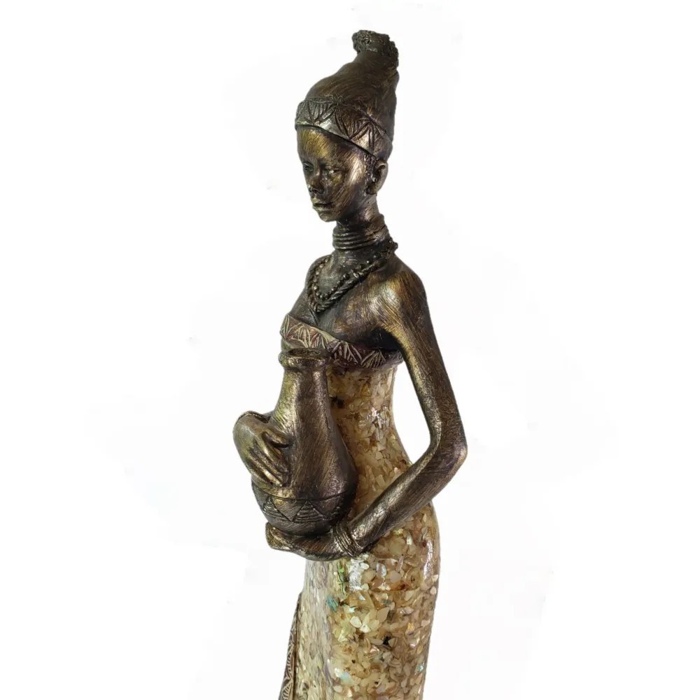 Estatua Africana Feminina com Jarro em Resina  12x9,5x44cm