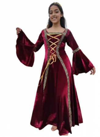 Vestido Medieval tradicional na cor bordo  mangas longas