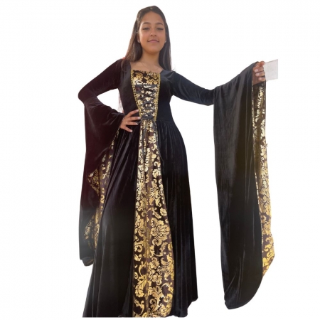 Vestido Medieval Renascença Preto com dourado Hallowenn Mangas Longas