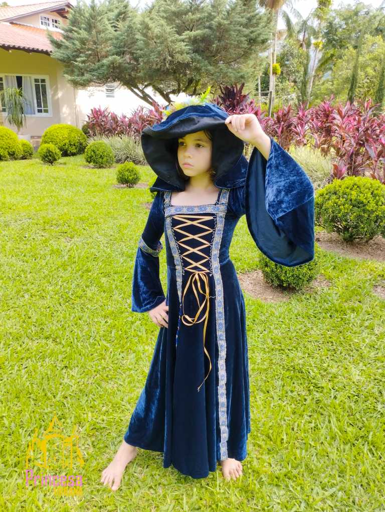 Conjunto medieval vestido e chapéu adulto na cor azul luxuoso