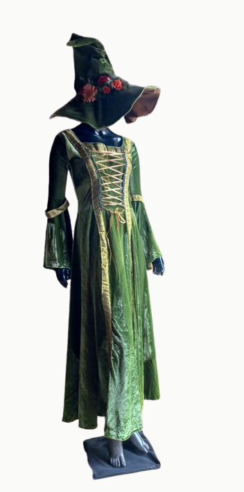 Conjunto Vestido medieval verde tradicional acompanha chapéu  verde veludo luxo