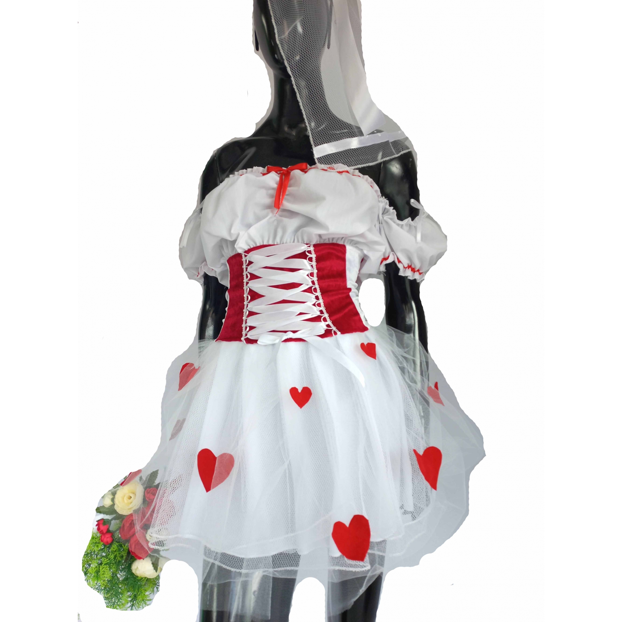 Vestido Caipira Noiva Branco Tule Corações Vermelhos com Vel