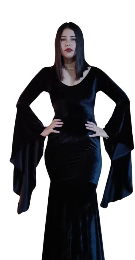 Vestido Fantasia Mortícia Família Addams Bruxa Feiticeira Halloween Princesa Urbana Luxo
