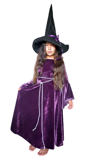 Vestido Medieval Bruxa clássica na cor roxa halloween acompanha chapeu Infantil