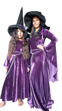 Vestido Medieval Bruxa clássica na cor roxa halloween acompanha chapeu Mãe e filha