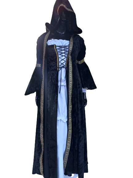 Vestido Medieval Com Capa Capuz Preto