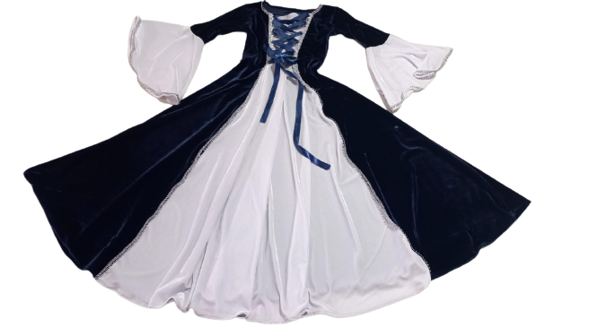 Vestido medieval infantil veludo duas cores veludo azul e branco