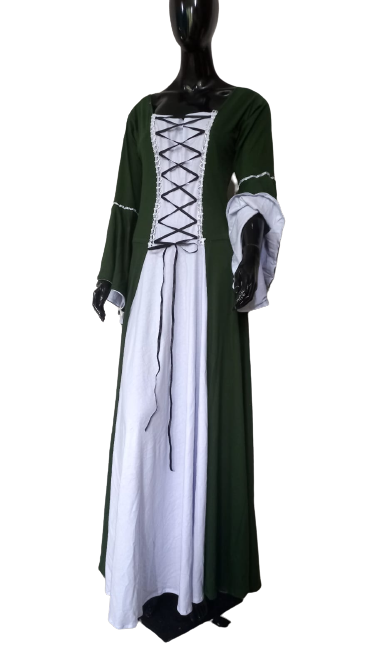 Vestido medieval tecido leve verde e branco