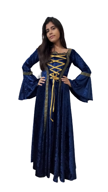 Vestido Medieval Tradicional Azul Marinho Luxo fitas