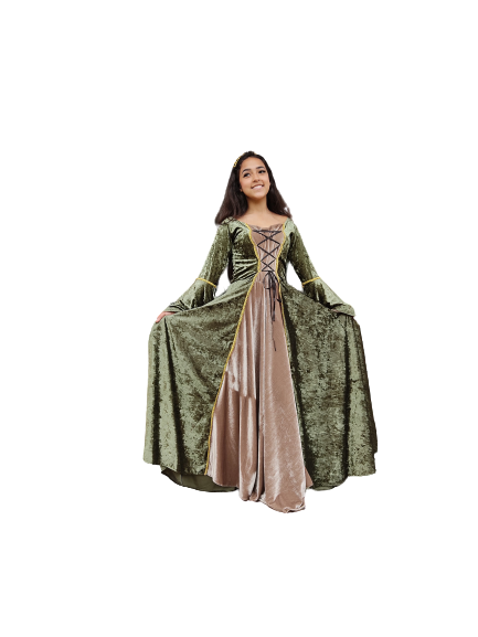 Vestido Rainha Elfa Medieval Verde Musgo Com Bege Dourado Luxuoso