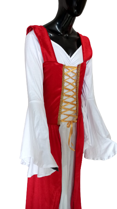 Vestido Rainha Medieval luxuoso branco e vermelho