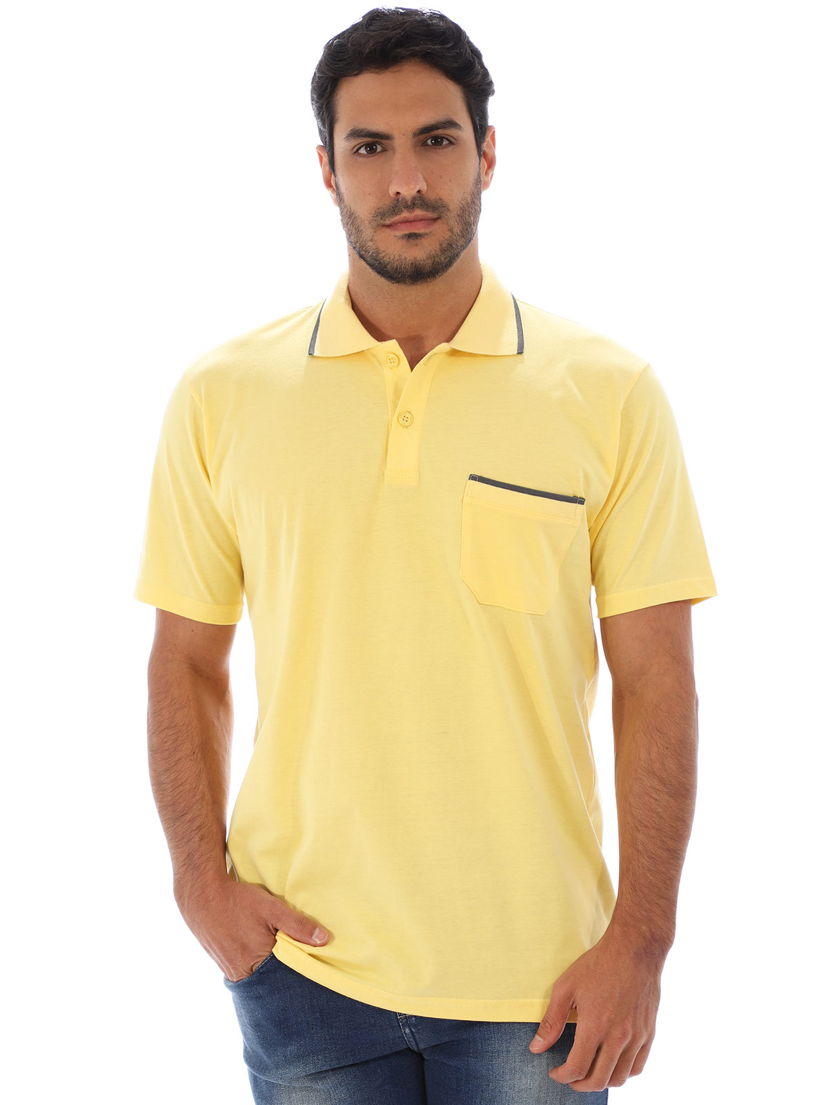 Camisa Polo Masculina Bolso Retilínea Algodão Amarelo