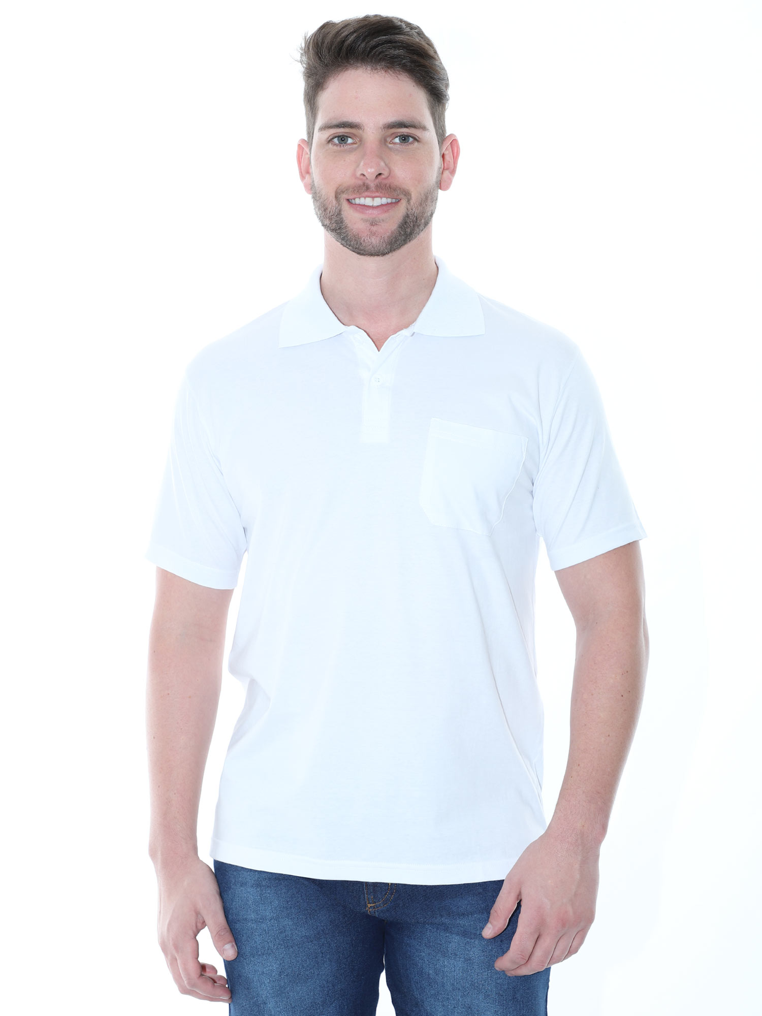 Camisa Polo Masculina com Bolso Básica Algodão Lisa Branco