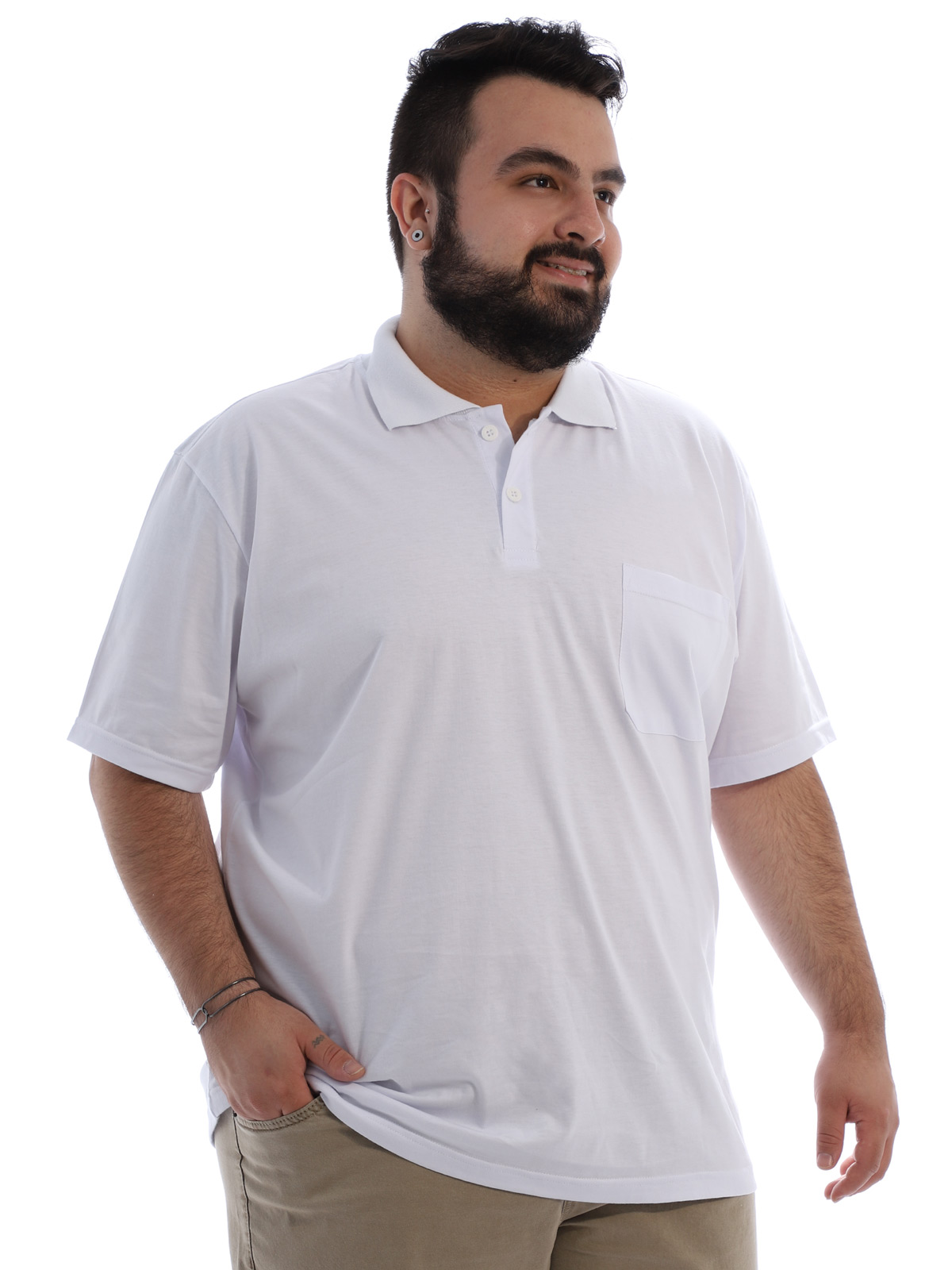 Camisa Polo Plus Size Masculina com Bolso Basica Branca