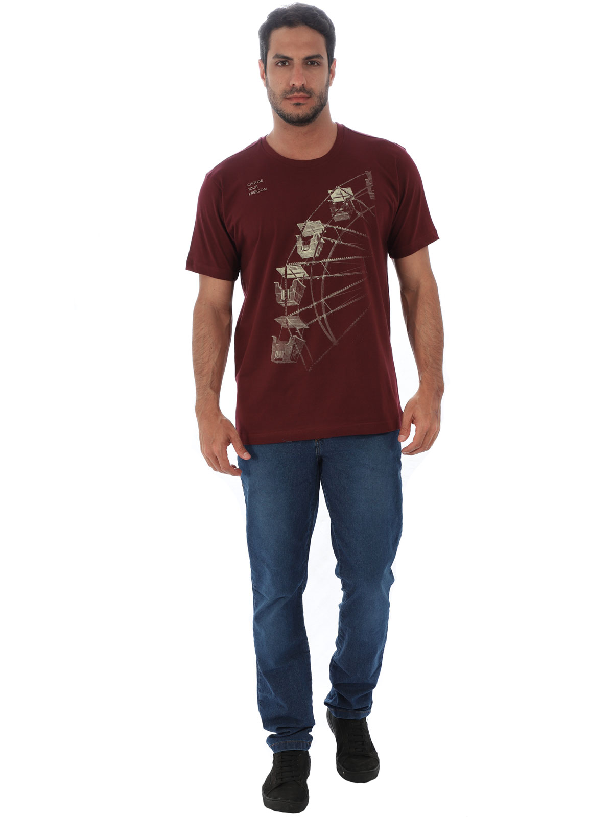 Camiseta Masculina de Algodão Básica Estampa Freedom Vinho