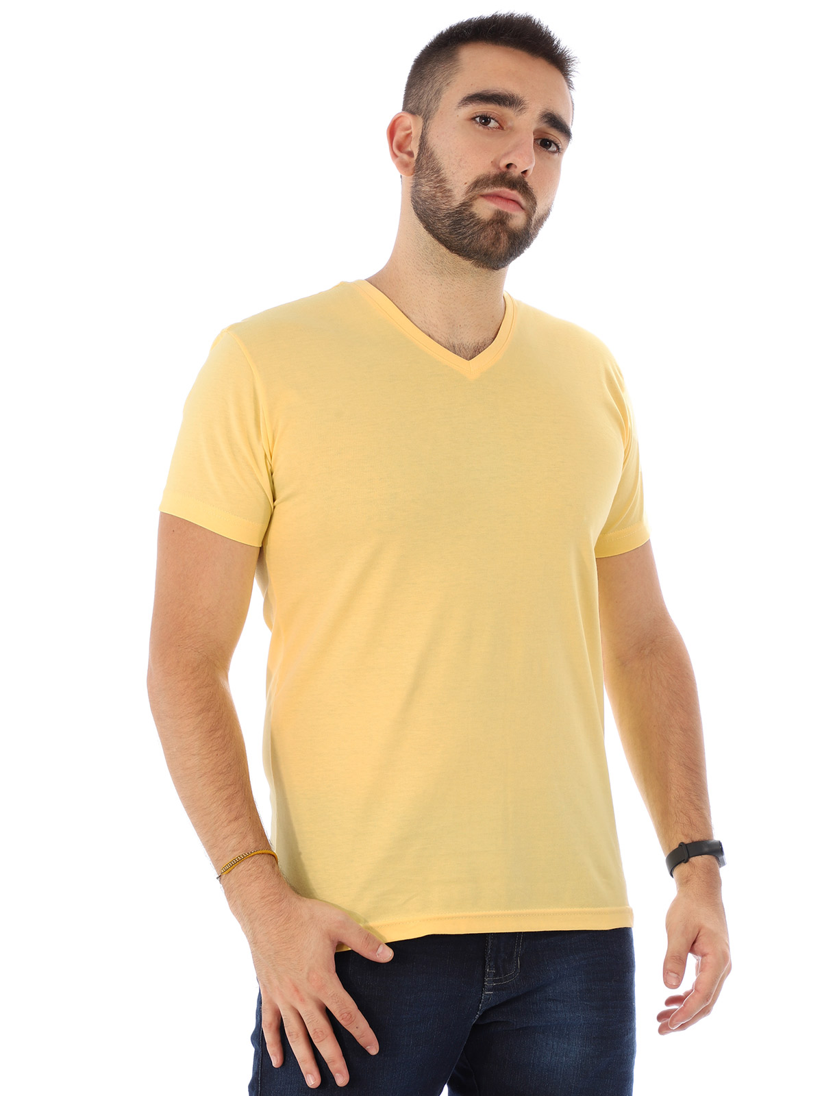 Camiseta Masculina Decote V. Algodão Slim Fit Amarela