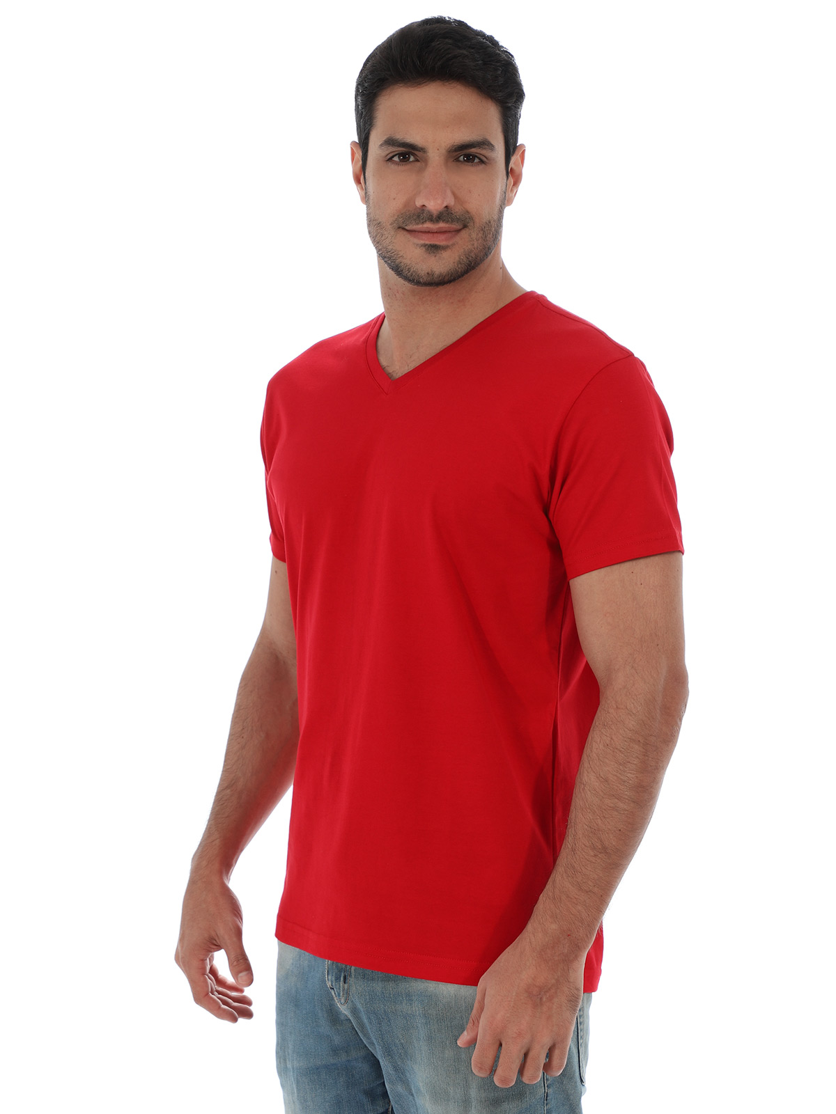 Camiseta Masculina Decote V. Algodão Slim Fit Vermelha