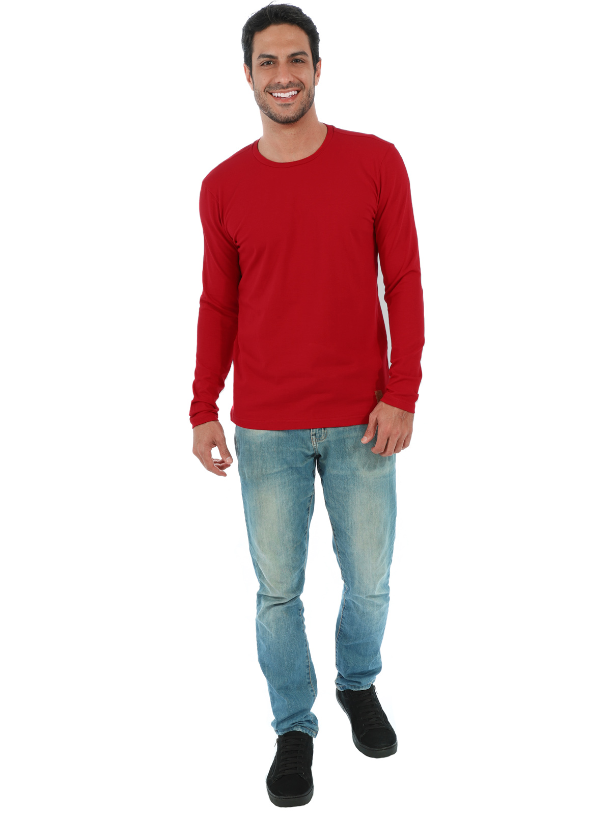 Camiseta Masculina Slim Com Elastano Manga Longa Vermelho