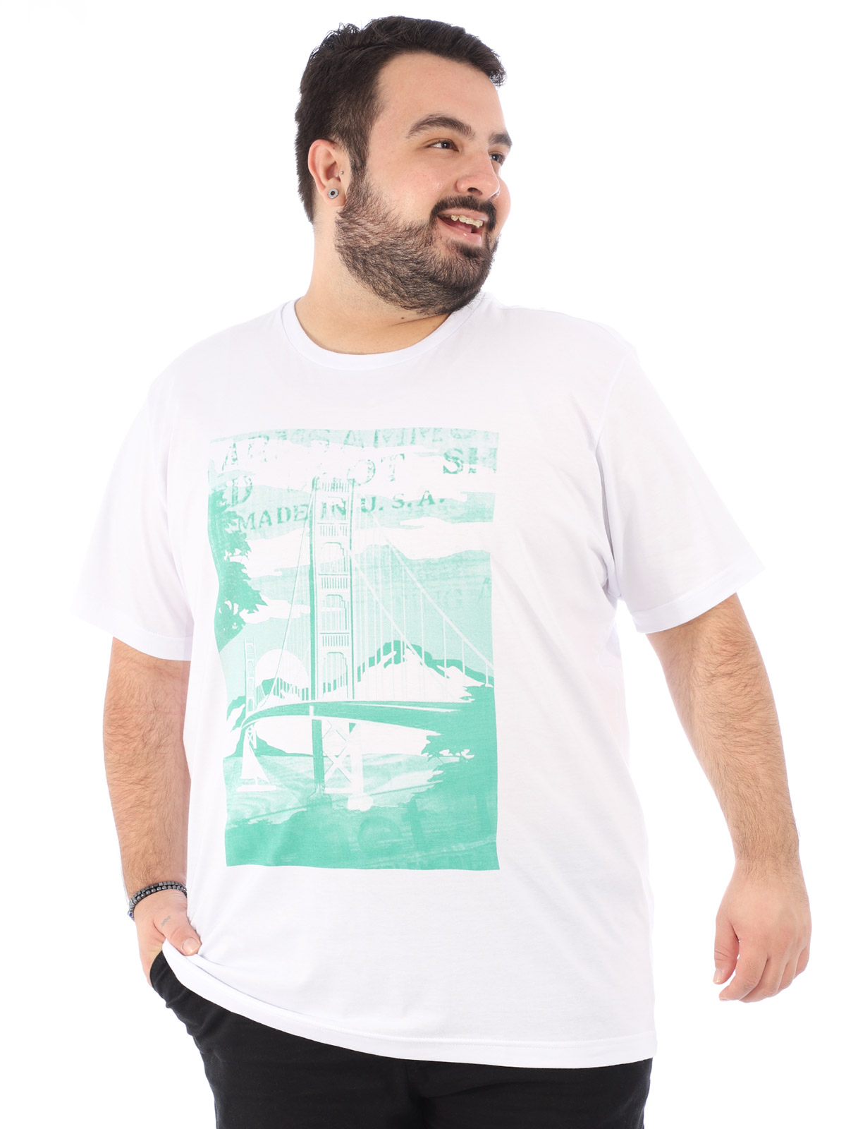 Camiseta Plus Size Masculina Manga Curta Ponte Branca