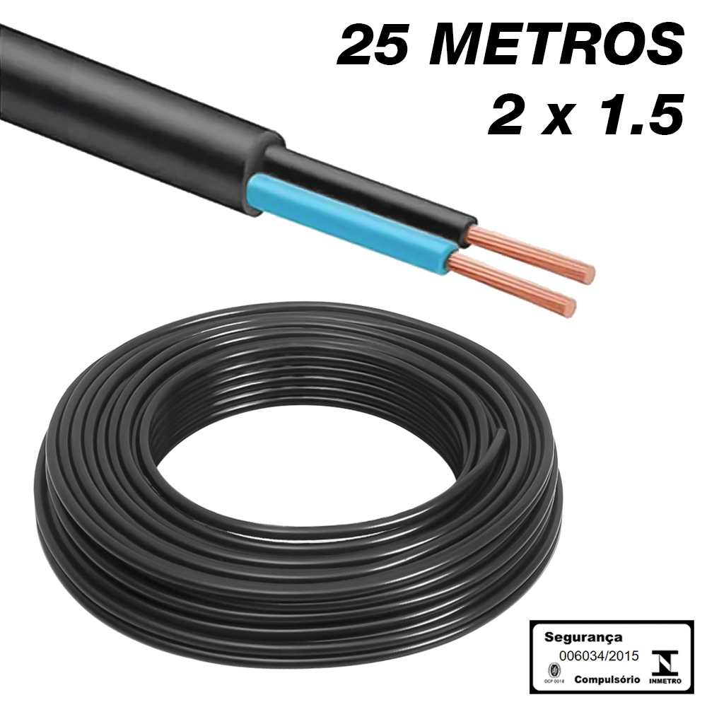 Kit 25 Metros Cabo PP 2 Vias De 1,5 Milímetros 2x1,5mm