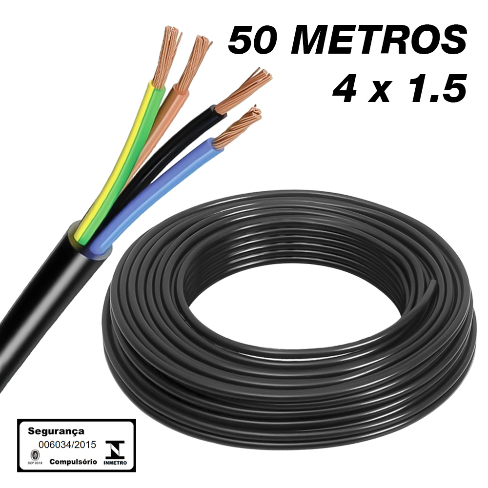 Kit 50 Metros Cabo PP 4 Vias De 1,5 Milímetros 4x1,5mm